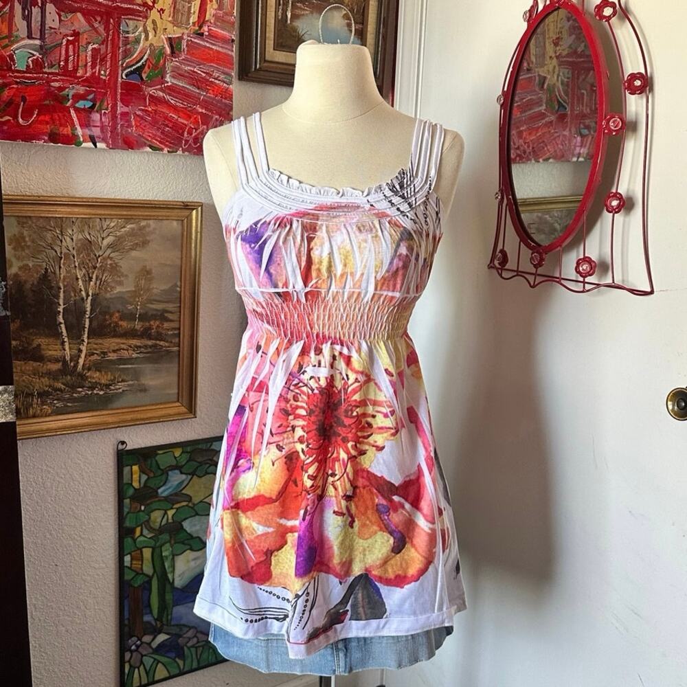 nib white pink orange floral babydoll tank top
